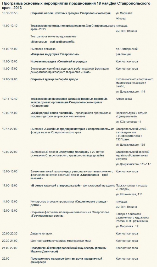 Программа основных мероприятий на день края 2013